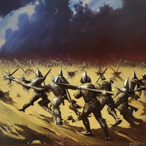 Image similar to oil painting of a ground covered in medieval silver soldier corpses, war, storm dawn, by Frank Frazetta, by Georgia O Keeffe