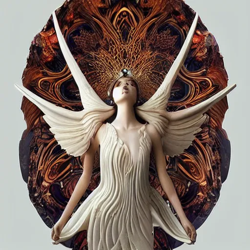 Image similar to ivory figure sculpture depicting the fall of an angel, exuberant organic elegant forms, by Karol Bak and Filip Hodas:: colorful intricate mandala explosions:: Intuit art:: damask wallpaper:: symmetrical