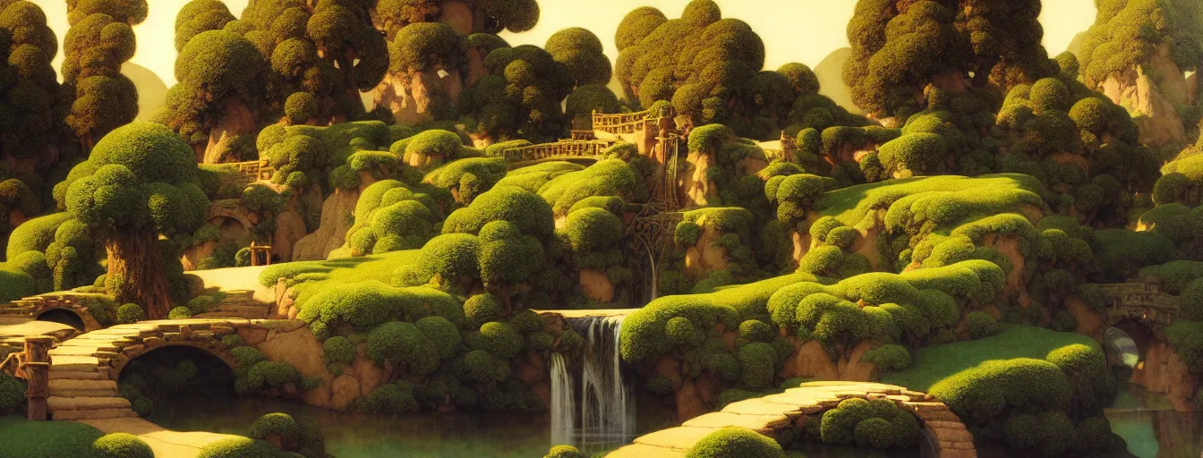 Prompt: a gorgeous landscape painting by barlowe wayne maxfield parrish and marco mazzoni. early spring morning. bench terrace. close - up shot on hyper detailed trees has just sprouted!! tyndall effec, light effect. chinese village. china waterwheel. the winding steps, waterfall from the mountain. ultra clear detailed. highly detailed, 3 d, octane render.