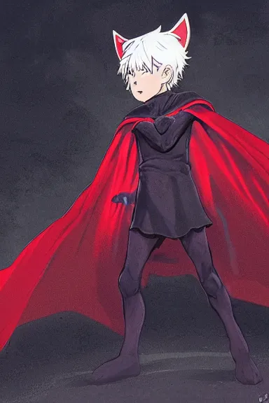 Prompt: little boy with cat ears in an black outfit with red cape. digital artwork made by lois van baarle and kentaro miura and marc simonetti and jesper ejsing, sharpness focus, inspired by hirohiko araki, anatomically correct, heroic composition, hero pose, smooth