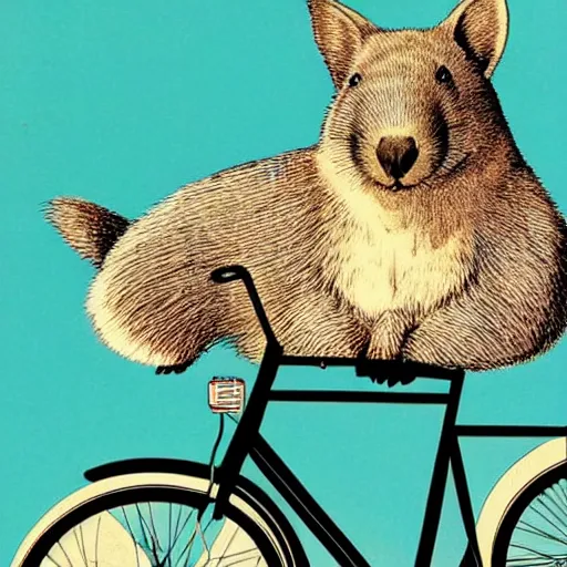 Prompt: a wombat posing next to a vintage bicycle in a 1970s poster design