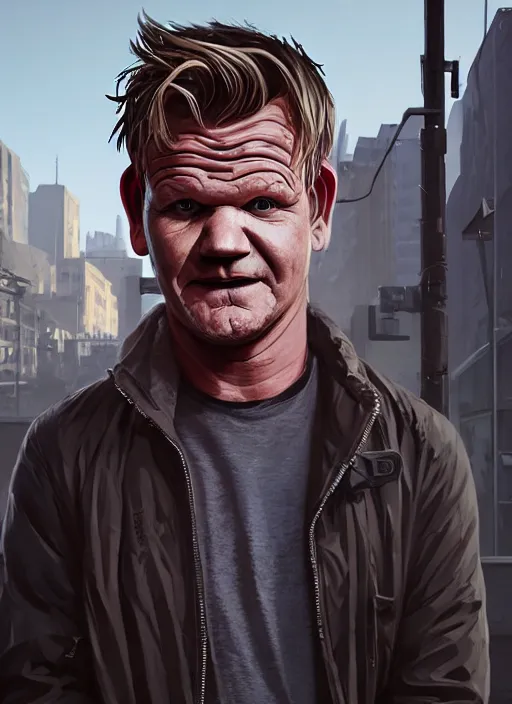 Prompt: Highly detailed full-body portrait of homeless Gordon ramsay, in GTA V, Stephen Bliss, unreal engine, fantasy art by Greg Rutkowski, Loish, Rhads, Makoto Shinkai and Lois van baarle, ilya kuvshinov, rossdraws global illumination, radiant light, detailed and intricate environment