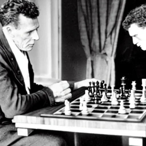 Image similar to ludwig wittgenstein playing chess with a robot, dramatic angle