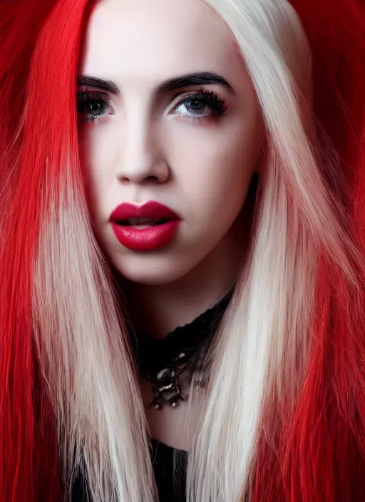 Image similar to ava max bright red hair photographed by charlotte rutherford, canon, highly realistic. high resolution. highly detailed. dramatic. 8 k. 4 k.