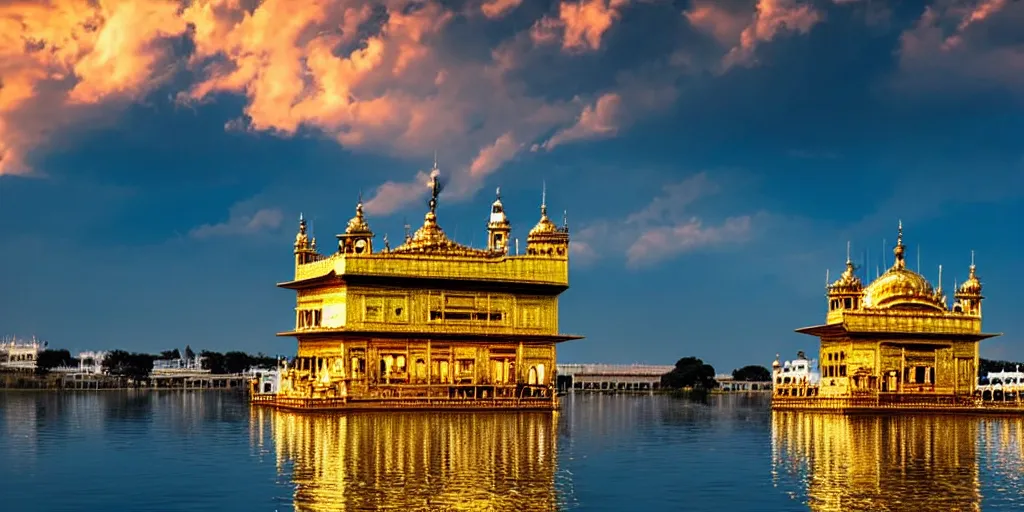 Image similar to a beautiful golden temple in the middle of a lake, cinematic, beautiful lighting and reflections, masterpiece