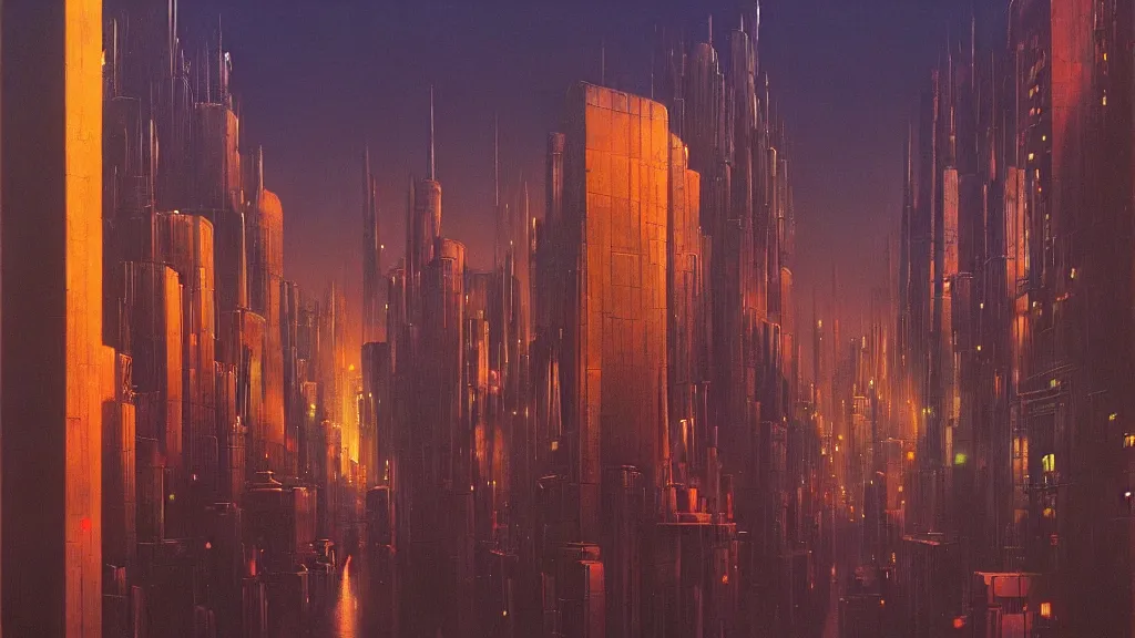 Prompt: Futuristic City at night, neon lights, Landscape oil painting by Zdzisław Beksiński