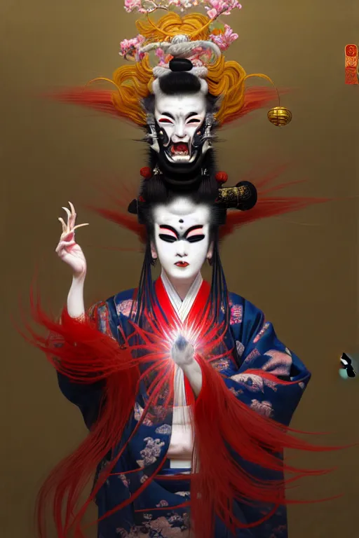 Image similar to elaborate illustration of an insane kabuki warrior showing his palm while emitting a visible aura of madness, intricate kimono and a red wig, crossed eyes, hazy atmosphere, in the style of fenghua zhong and ruan jia and jeremy lipking and peter mohrbacher, mystical colors, rim light,