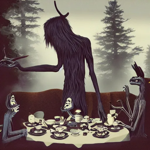 Prompt: a photograph of a Wendigo having a tea party