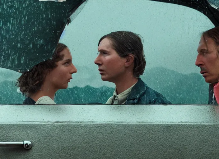 Image similar to A very high resolution image from a new movie, landscape, raining, hot, directed by wes anderson