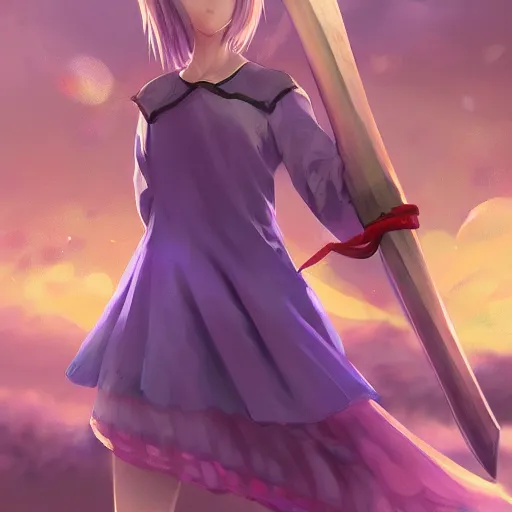 Image similar to advanced digital anime art, WLOP , a small school girl with silver hair wearing a violet dress and bare feet carrying a gigantic axe over the shoulder looking unimpressed , DOF, Gaussian Blur, —W 1920