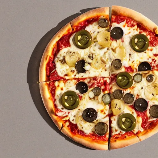 Prompt: A pizza with pebble, olive, ice cube and coin toppings