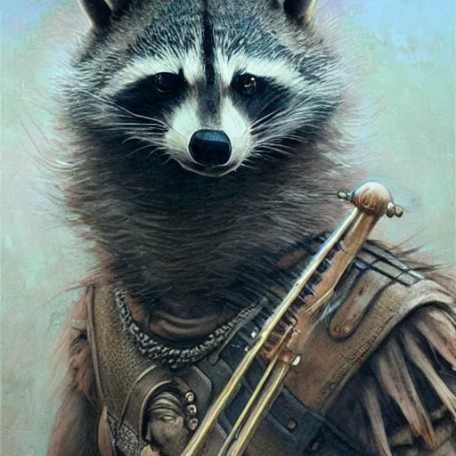 Image similar to humanoid racoon bard wearing tunic holding instrument, d & d, closeup portrait, art by donato giancola and greg rutkowski, vintage retro, realistic face, digital art, trending on artstation, symmetry!!