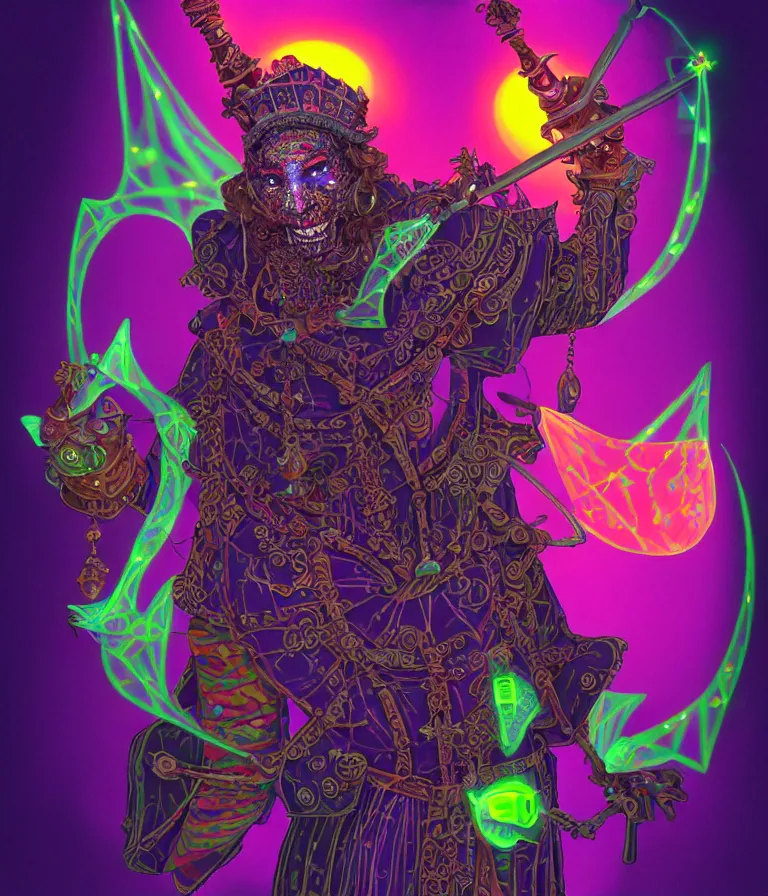 Image similar to front!!! shot of a court jester!!! character, hyperdimensional, (bioluminescent) hypercubes, dark holography!!!, ((sunset)) ((psychedelic)), spectral, (((intricate))), elegant, highly detailed, centered, (((artstation, concept art, smooth, sharp focus, artgerm, Tomasz Alen Kopera, Peter Mohrbacher, donato giancola, Joseph Christian Leyendecker, WLOP, Boris Vallejo))), mugshot!!!!!, ugly!!!!!!, octane render, nvidia raytracing demo, octane render, nvidia raytracing demo, octane render, nvidia raytracing demo, grainy, muted, 8K, digitalblasphemy, metatron