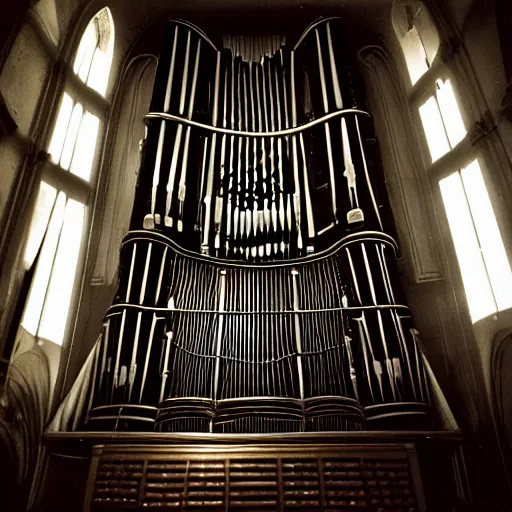 Image similar to two old prompt masters playing on huge scale pipe organ designed by h. r giger, interesting light and shadows effects