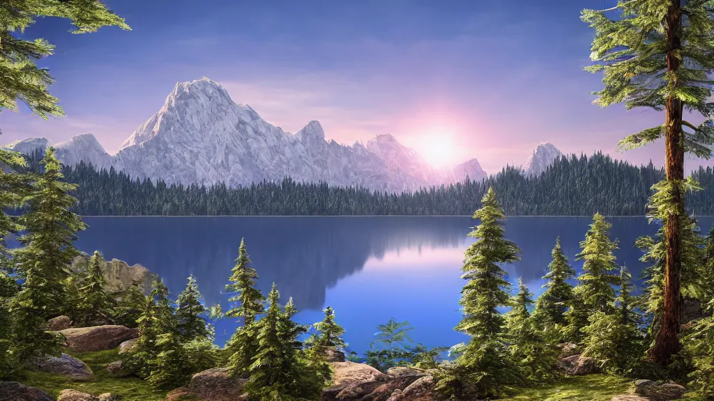 Image similar to a lake surrounded by tall pine trees with a mountain in the background, a detailed matte painting by senior environment artist, shutterstock contest winner, photorealism, rendered in unreal engine, matte painting, anamorphic lens flare