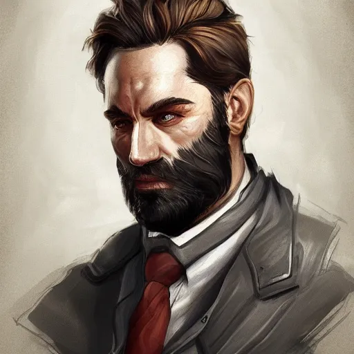 Prompt: portrait of a Germanic man with a beard and pilot’s suit, D&D, sci-fi, elegant, hopeful, muscular, highly detailed, digital painting, artstation, concept art, smooth, sharp focus, illustration