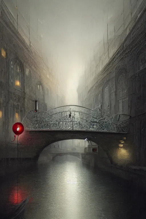 Prompt: breathtaking detailed soft painting of intricate bridges on a crystal grey sky, entertwined curved light bridges in a canal, art nouveau music instruments and a red dot, a white ray from above, rembrandt style, elegant, highly detailed, artstation, concept art, matte, sharp focus, art by tom bagshaw, and greg rutkowski