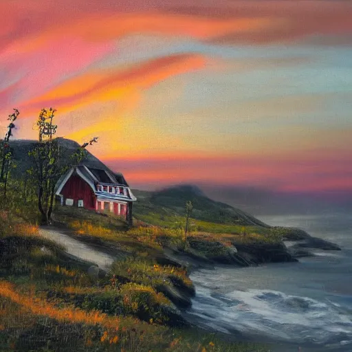 Image similar to overgrown norwegian village at the coast, sunset, arctic, beautiful, oil painting