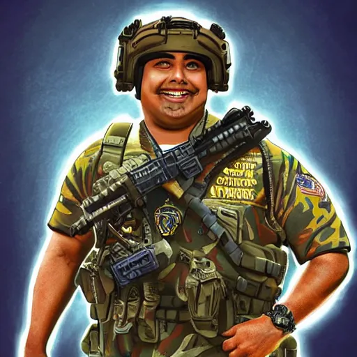 Image similar to Gabriel Iglesias as a navy SEAL, high resolution fantasy concept art, intricate details, soft lighting