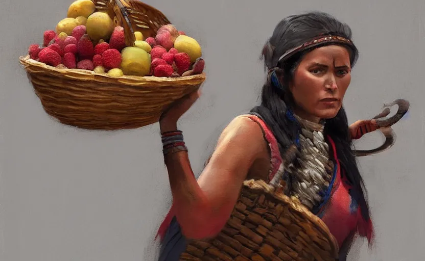 Prompt: A painting of an Aztec Woman carrying a Basket of Fruit trending on artstation in the style of Greg Rutkowski