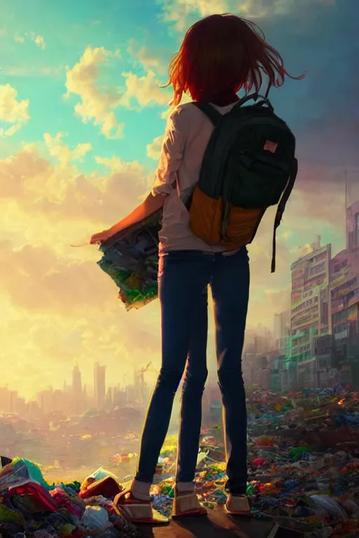 Image similar to teenage beauty girl mini hort with backpack looking at food at garbage dump, destroyed cars, city is pure wasteland, moody sunset background, rays of sunlights, ( ( ( rainbow ) ) ), high details, sharp, photorealism, cinematic, greg rutkowski, alphonse mucha, trending on artstation, artgerm, unreal engine, highly detailed