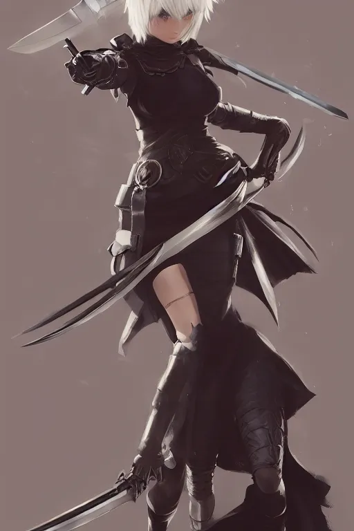 Image similar to 2 b nier automata holding a sword, d & d, fantasy, portrait, highly detailed, headshot, digital painting, trending on artstation, concept art, sharp focus, illustration, art by artgerm and greg rutkowski and magali villeneuve