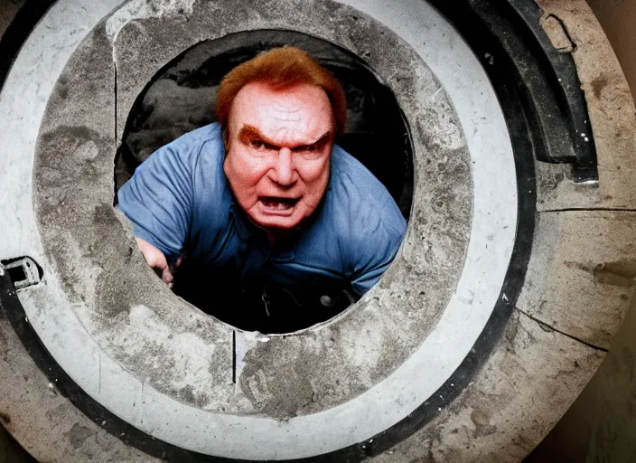 Image similar to film still of John Madden climbing out of a manhole in the new Halloween movie, 4k