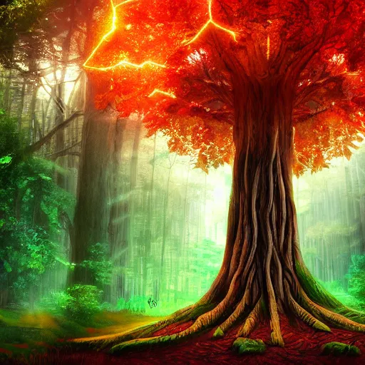 Prompt: Forest, giant tree in the center, glowing leaves, tree of life, masterpiece, 4k, digital art