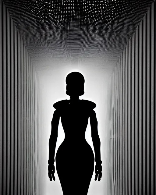 Image similar to black and white high quality photo of a beautiful female AI vegetal-cyborg looking into a sci-fi mirror, volumetric lighting, liminal space, brutalism, foggy, dreamy, hyperdetailed, bokeh, photorealistic, cinematic, masterpiece, Metropolis, elegant, dark, by Fritz Lang in the style of Horst P. Horst, octane render, 8K,