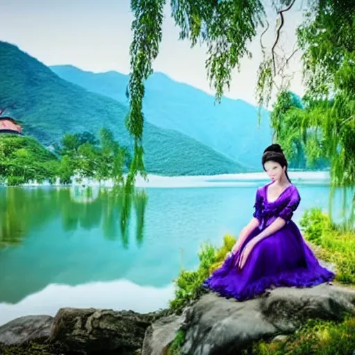 Image similar to elegant chinese princess with purple eyes, sitting by a lake, mountains in background, anime style, award winning art