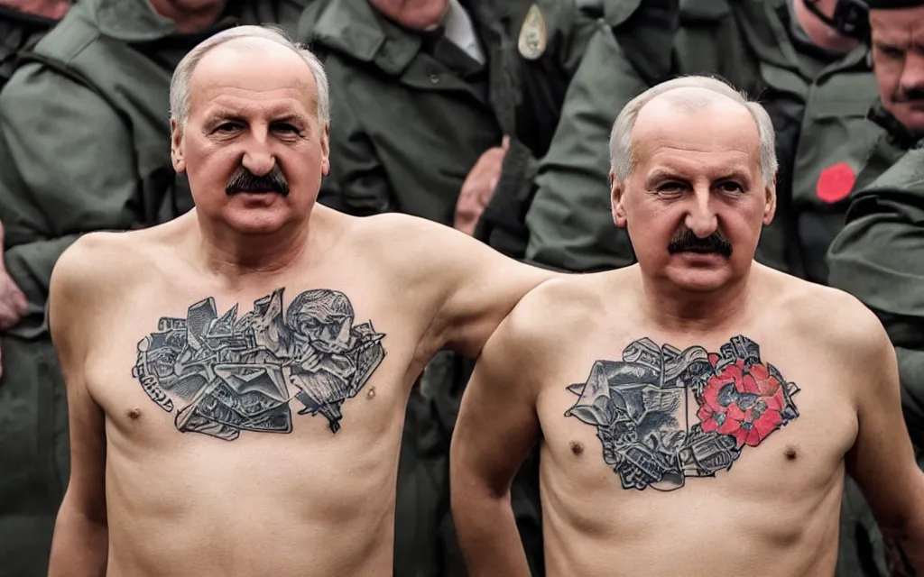 Prompt: famous photo of alexander lukashenko with torso covered with criminal tattoo photo by journalists high quality face