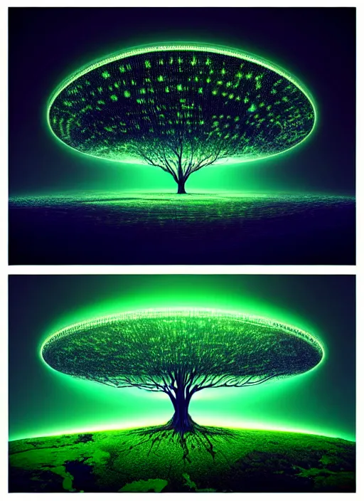 Prompt: high depth, collective civilization tree, calm, healing, resting, life, hybrids, scifi, glowing lights!!, published concept art, mixed medias, image overlays, sharp focus, thin glowing wires, winning illustration, eyes reflecting into eyes into infinity, singularity!!!, 3 6 0 projection, art in the style of * * * * * *