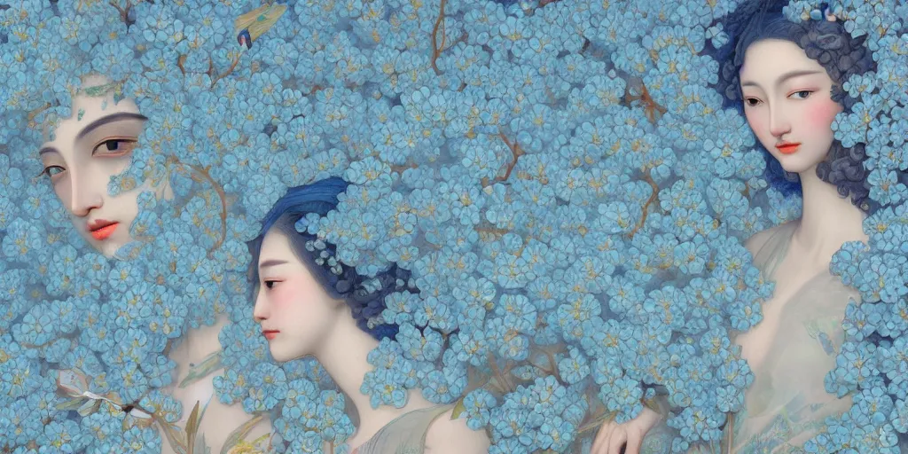 Image similar to breathtaking detailed concept art painting art deco pattern of faces goddesses of light - blue flowers with anxious piercing eyes and blend of flowers and birds, by hsiao - ron cheng and john james audubon, bizarre compositions, exquisite detail, extremely moody lighting, 8 k