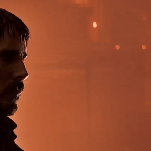 Prompt: Christian Bale in Blade Runner 2049, cinematic film still