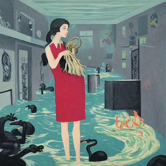 Image similar to tall female emo artist holding an octopus in a flooded cafe, octopus, water gushing from ceiling, painting of flood waters inside a cafe, a river flooding indoors, pomegranates, pigs, ikebana, water, octopus, river, rapids, waterfall, black swans, canoe, berries, acrylic on canvas, surrealist, by magritte and monet