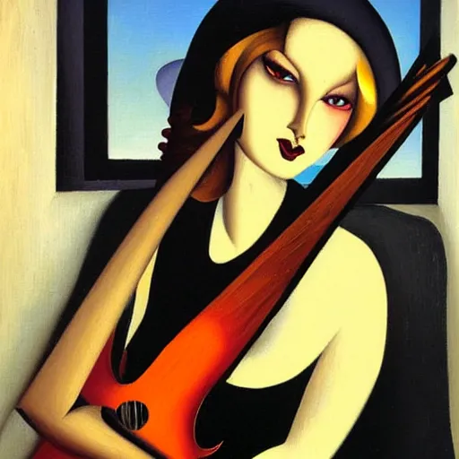 Prompt: goth girl playing electric guitar at dusk, oil painting by Tamara de Lempicka, masterpiece