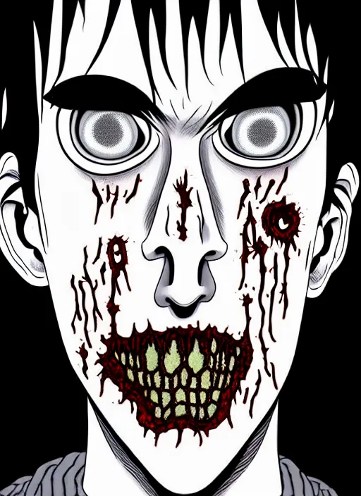 Image similar to junji ito style portrait of zombie teenage jughead jones wearing a light grey crown, photorealistic, zombie, crown, rotting skin, blind eyes, white eyes, crown, black hair, intricate, highly detailed, illustration, art by junji ito