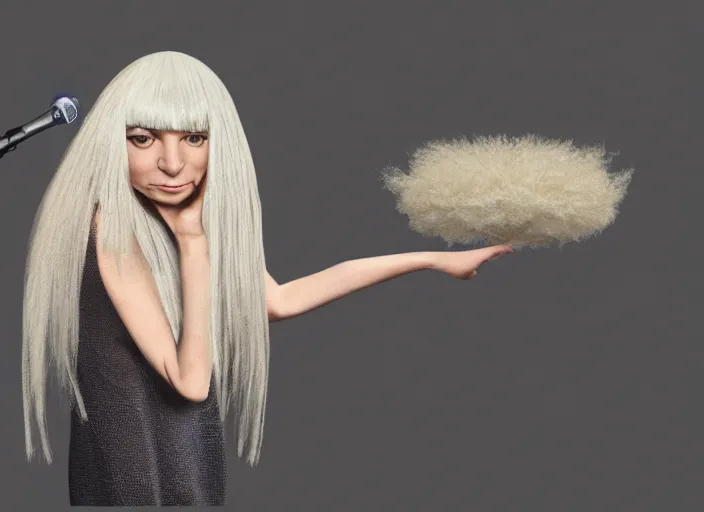 Image similar to realistic illustration of Sia using her famous wig as a mop