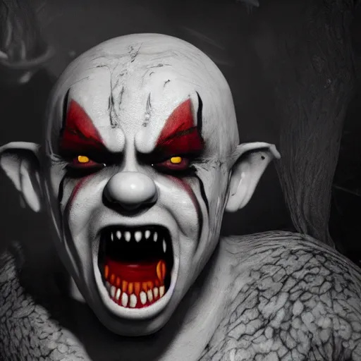 Prompt: angry clown with sharp long teeth in a haunted circus, hyperrealistic, fog, intricate stunning texture and details, unreal engine 5, detailed + 3 d realistic, reshaping + dramatic lighting