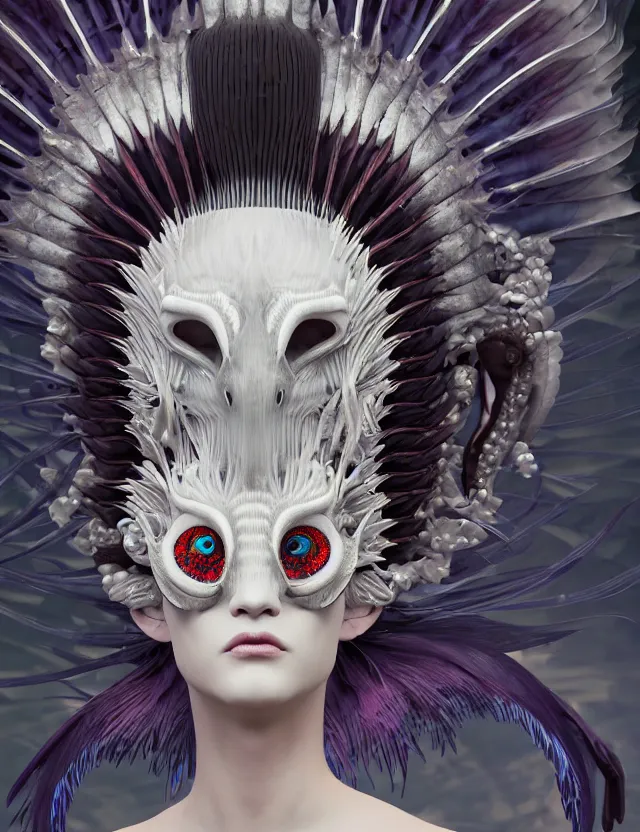 Image similar to 3 d goddess close - up profile simple portrait punk with mohawk with goat skull. beautiful intricately detailed japanese crow kitsune mask and clasical japanese kimono. betta fish, jellyfish phoenix, bio luminescent, plasma, ice, water, wind, creature, artwork by tooth wu and wlop and beeple and greg rutkowski