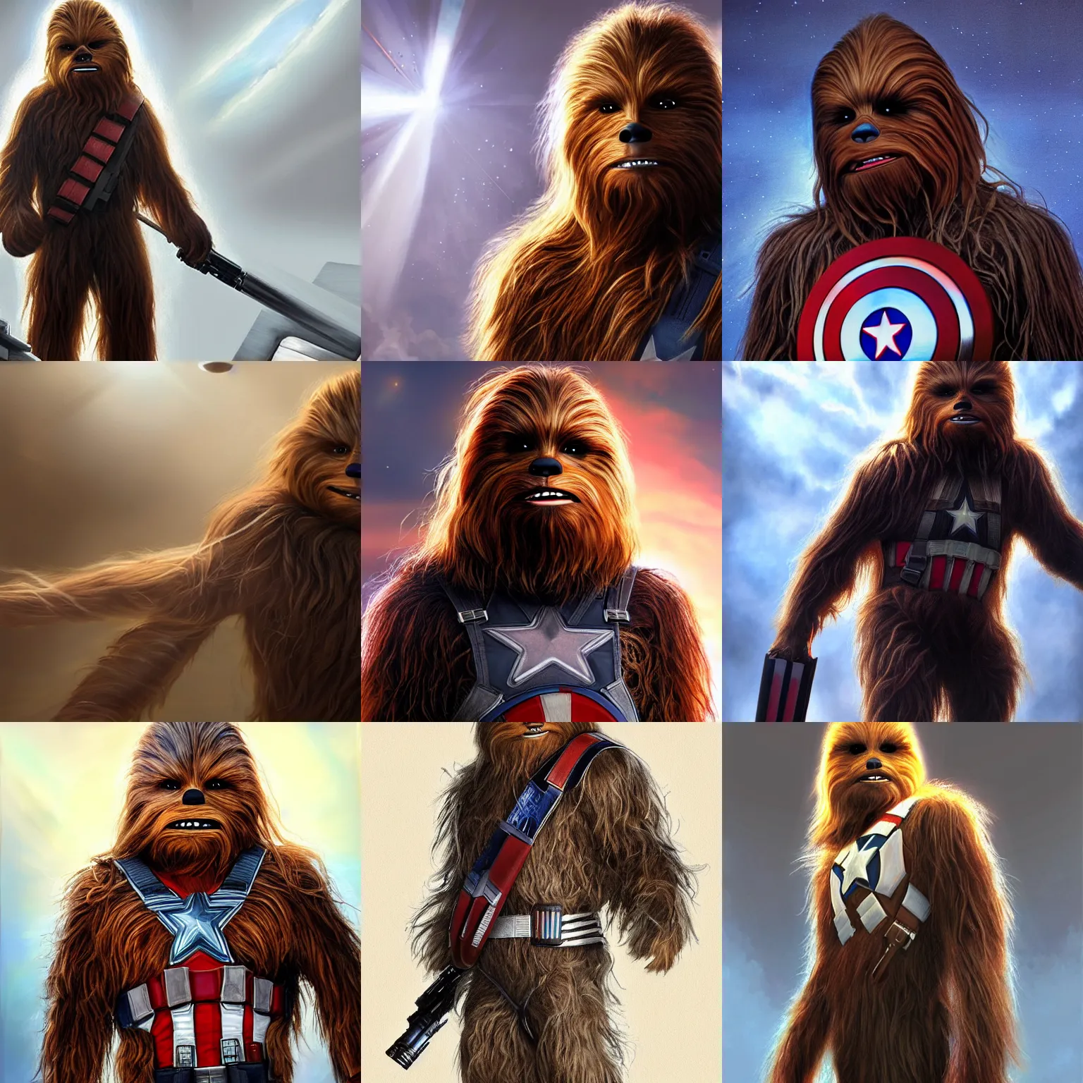 Prompt: photorealistic art of chewbacca as captain america, dynamic lighting, space atmosphere, hyperrealism, stunning visuals