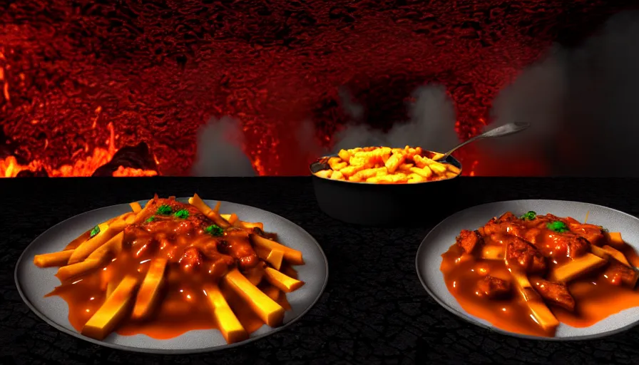 Image similar to poutine ( the canadian meal ) from mount doom, volcano texture, lava texture, fire texture, 8 k, octande render, unreal engine 5, surface blemishes, hdr