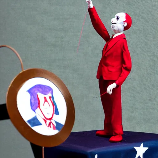 Image similar to string marionette of a president with clown makeup in a podium and a human shadow behind