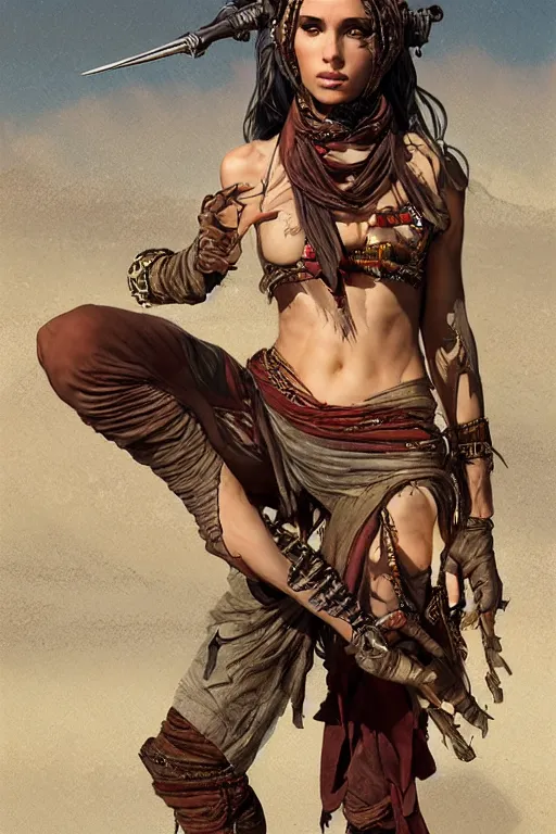 Image similar to a full body portrait of a beautiful post apocalyptic offworld desert bedouin thief savage rogue in ballet pose by the emerald oasis pools, intricate, elegant, highly detailed, digital painting, artstation, concept art, smooth, sharp focus, illustration, art by krenz cushart and artem demura and alphonse mucha