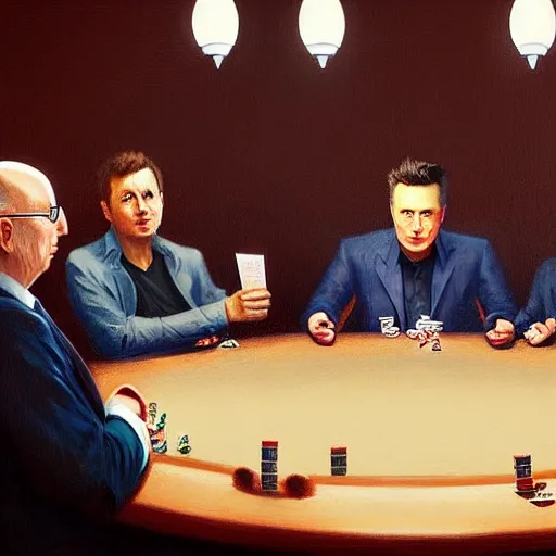 Image similar to UHD photorealistic Elon Musk playing poker with Satoshi Nakamoto, Klaus Schwab, and Bill Gates, in the style of tonalism by Greg Rutkowski, trending on Artstation, hyperrealistic, correct details, symmetrical faces