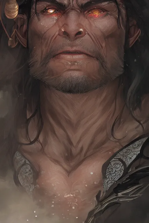 Image similar to up close portrait of a handsome half - orc, d & d, face, fantasy, intricate, elegant, highly detailed, digital painting, artstation, concept art, smooth, sharp focus, illustration, art by artgerm and greg rutkowski and alphonse mucha