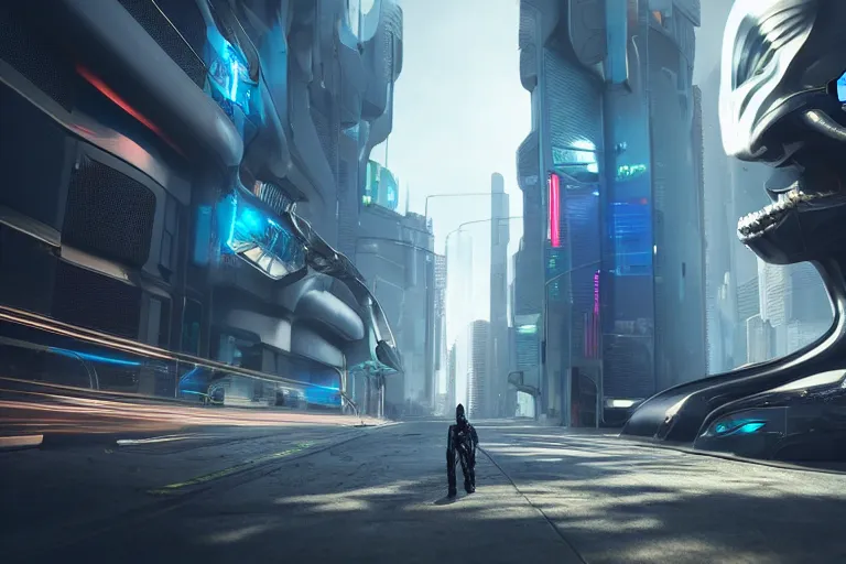 Image similar to cyberpunk alien concept inspired street, futuristic look, highly detailed body, very powerful, photorealistic camera shot, bright studio setting, studio lighting, crisp quality and light reflections, unreal engine 5 quality render