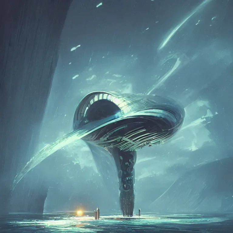 Image similar to mechanical nautilus spaceship dripping wet emerging from a the ocean blast off, sci - fi concept art, by john harris, by simon stalenhag, stunning, award winning