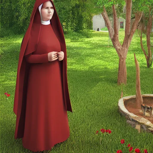 Image similar to young nun with light red long hair standing in a garden, 4k, detailed face, high details, 2D, art, behance