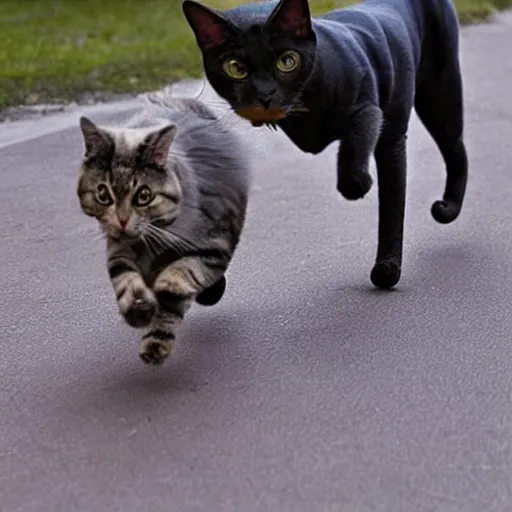 Prompt: a giant cat chasing after a little dog, little dog running away fast from the scary cat